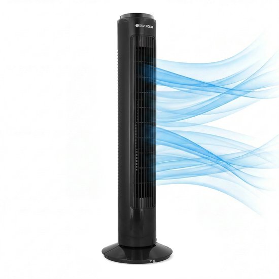 Zwarte torenventilator op witte achtergrond met blauwe, golvende luchtstromen die uit de voorkant komen.