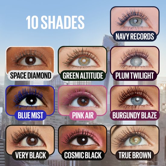 Collage van 10 wimpers in verschillende kleuren: Navy Records, Space Diamond, Green Altitude, Plum Twilight, Blue Mist, Pink Air, Burgundy Blaze, Very Black, Cosmic Black, True Brown.