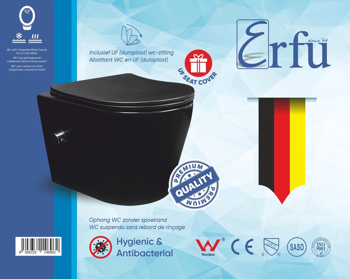 ERFU Wandtoilet met bidetfunctie (warm & koud water) – rond design hangtoilet met softclose wc-bril – keramiek, mat zwart