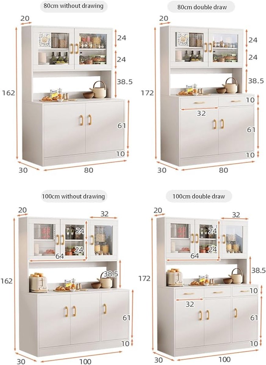 Keukenkast met Magnetronrek en Opbergruimte 100x30x172 cm – Multifunctionele Keukenkast met Deuren en Open Vakken, Hoge Capaciteit Voorraadkast en Keuken Organizer – Wit