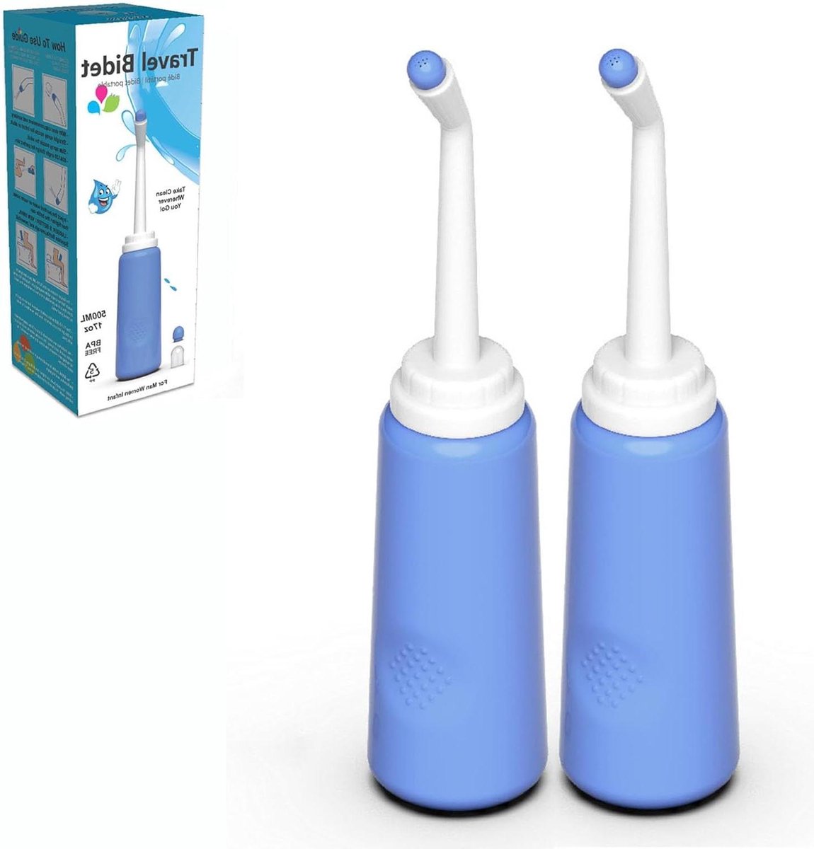 Perinee Bidet Douche - Draagbare Fles - Persoonlijke Hygiëne - Dubbel Mondstuk - 500 ml - Wit