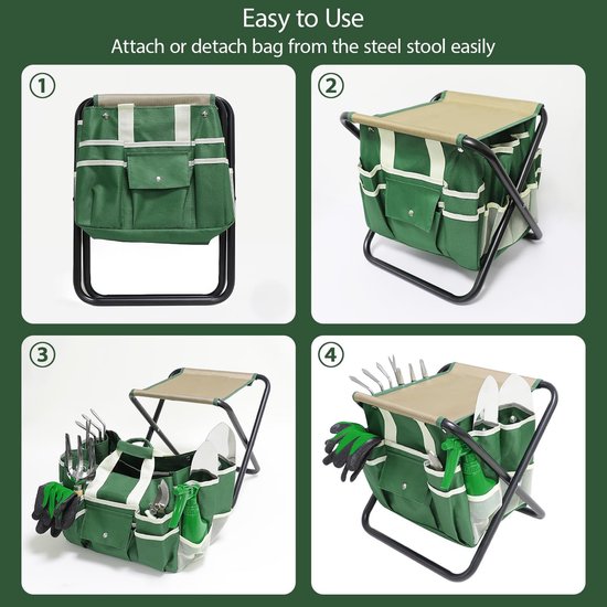 Tuin gereedschap set - Tuinieren set - Comfortabel tuinieren - Inclusief inklapbare kruk - 10 delig - Groen — afbeelding 2