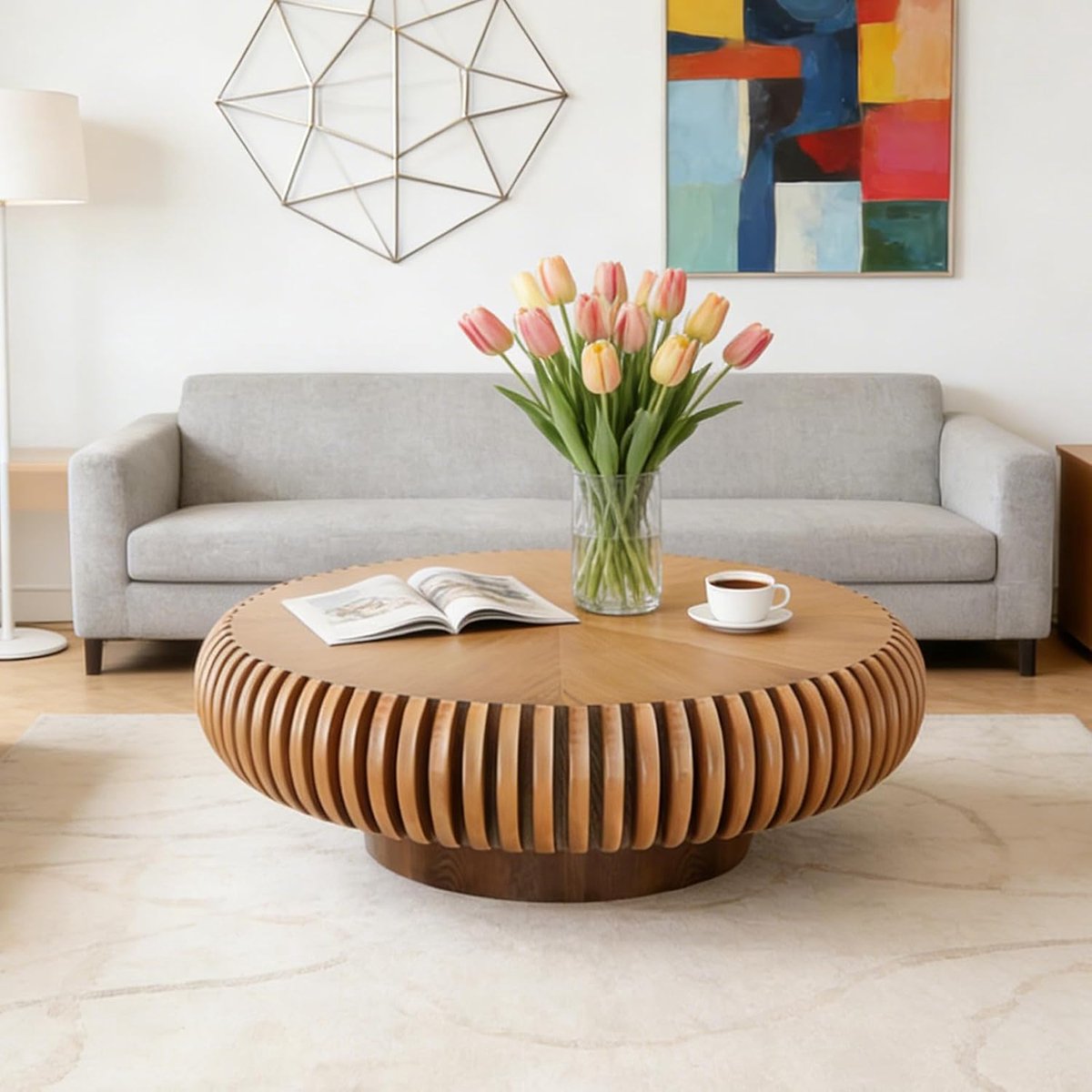 Salontafel Rond 80x80x35 cm – Moderne Trommelvorm Bijzettafel met Geribbeld Design en Houten Afwerking – Mid Century Design – Bruin – Faisal