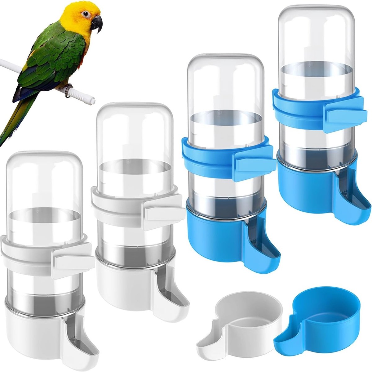 Automatische Vogelwaterdispenser - 4 Stuks Drinkbakken voor Papegaaien en Hamsters, Ideaal voor Parkieten en Cockatiels, Wit en Blauw