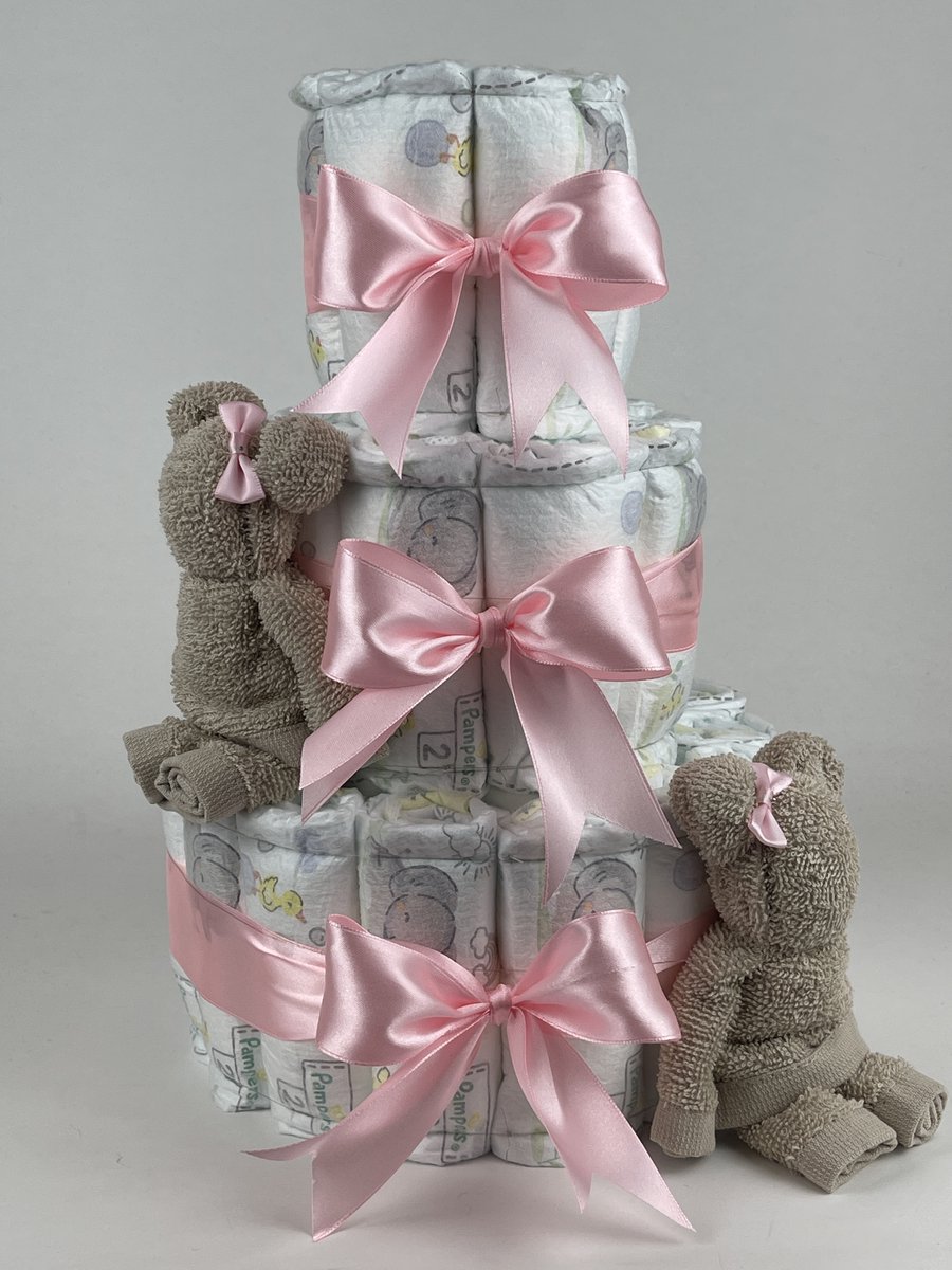 Chouette-Chouette | Luiertaart Meisje | Kraamcadeau | Geboorte Meisje | Babyshower | Beren Cream - Roze