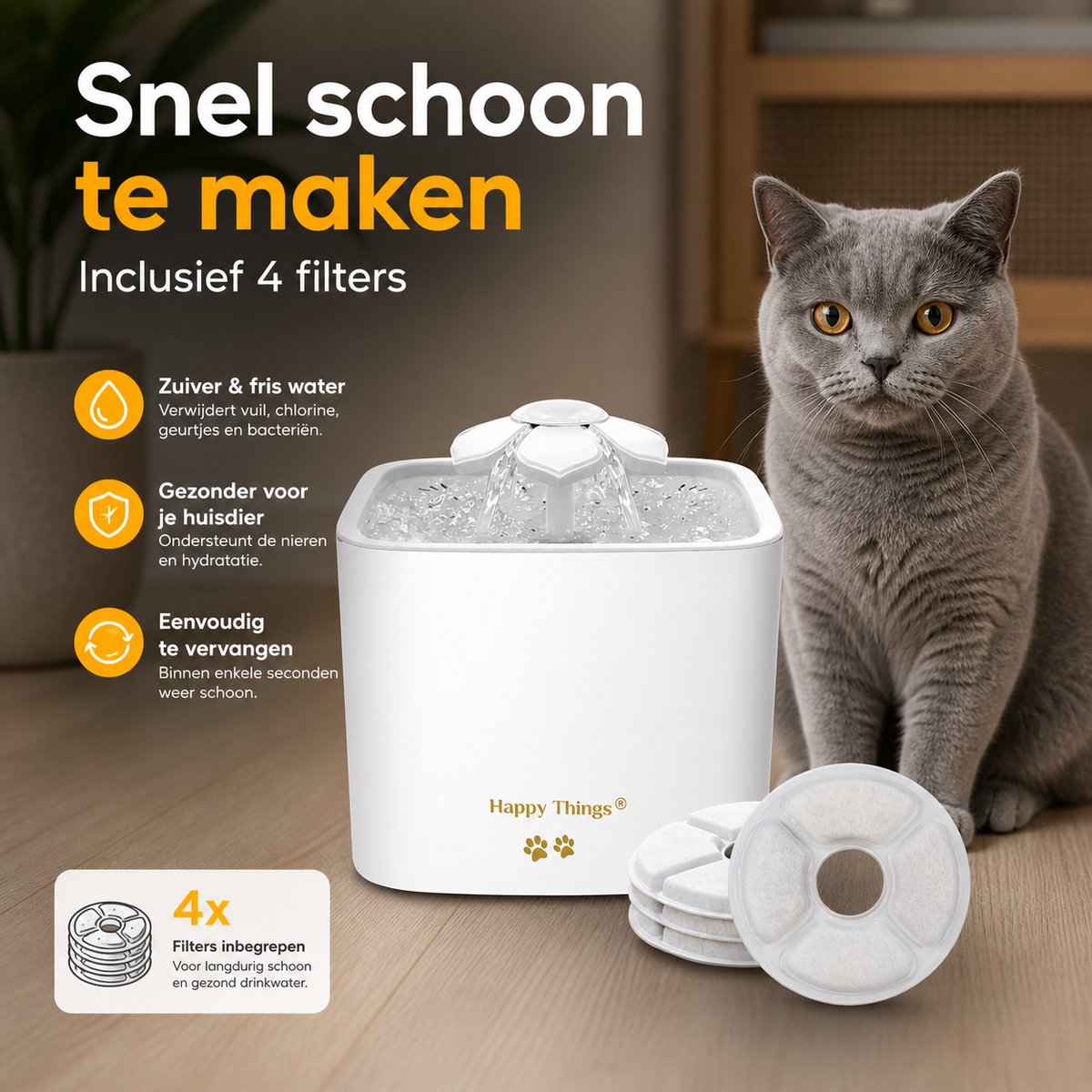 Happy Things® Drinkfontein Kat & Hond GOLD – 2.5L Geruisloze Kattenfontein met 4 Filters – Stijlvolle Waterfontein – Gezonde Hydratatie voor Huisdieren thumbnail 4