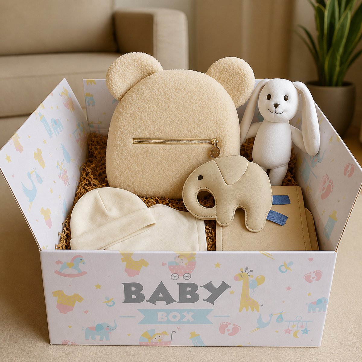 Baby Cadeau – Luxe Kraamcadeau Baby – Unisex - Babyshower & Gender Reveal Cadeau Giftset – Teddytas, Tutpop, Konijn Rammelaar, Babymutsje, Spuugdoek & Slab met Koordjes Beige
