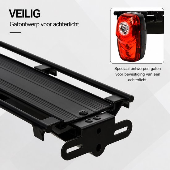 Close-up van een zwarte bagagedrager met speciale gaten voor een achterlicht.