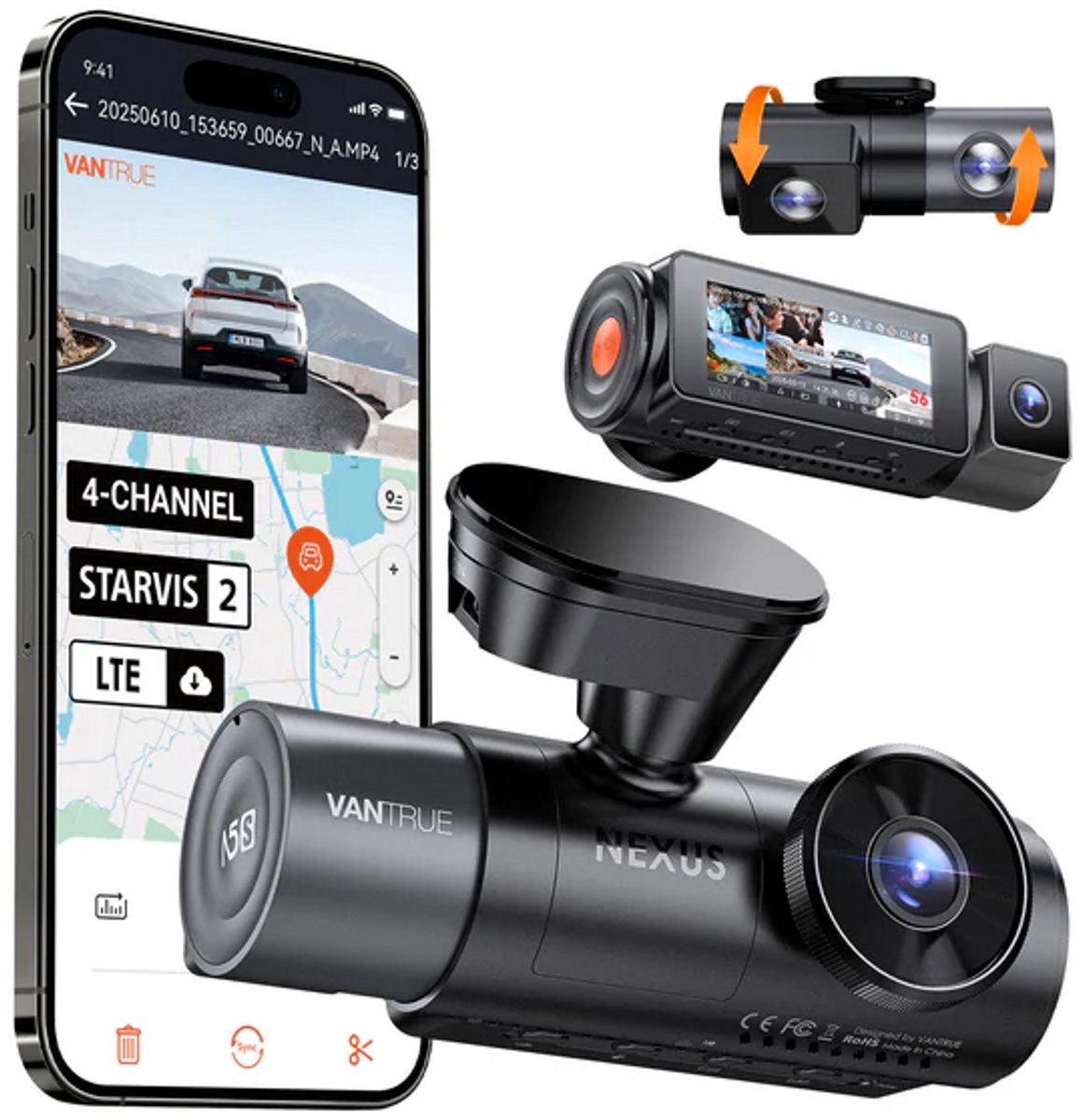 Vantrue N5S 2026 4-Kanaals 360 Graden WiFi Dashcam, STARVIS 2, IR Nachtzicht, 2.7K+1080P*2+1440P Voorste/Achterste Binnencamera, Spraakbediening, GPS, 24 Uur Parkeerstand【Gratis bij aankoop: 40mm CPL-filter*2 + VP03 Hardwire Kit + Afstandsbediening】