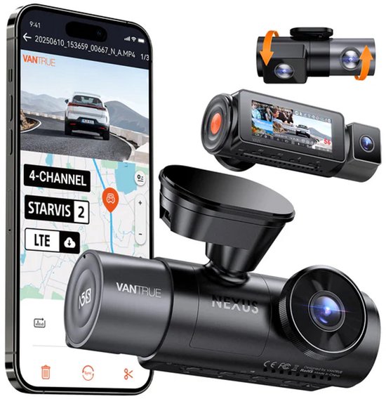 Vantrue N5S 2026 4-Kanaals 360 Graden WiFi Dashcam, STARVIS 2, IR Nachtzicht, 2.7K+1080P*2+1440P Voorste/Achterste Binnencamera, Spraakbediening, GPS, 24 Uur Parkeerstand