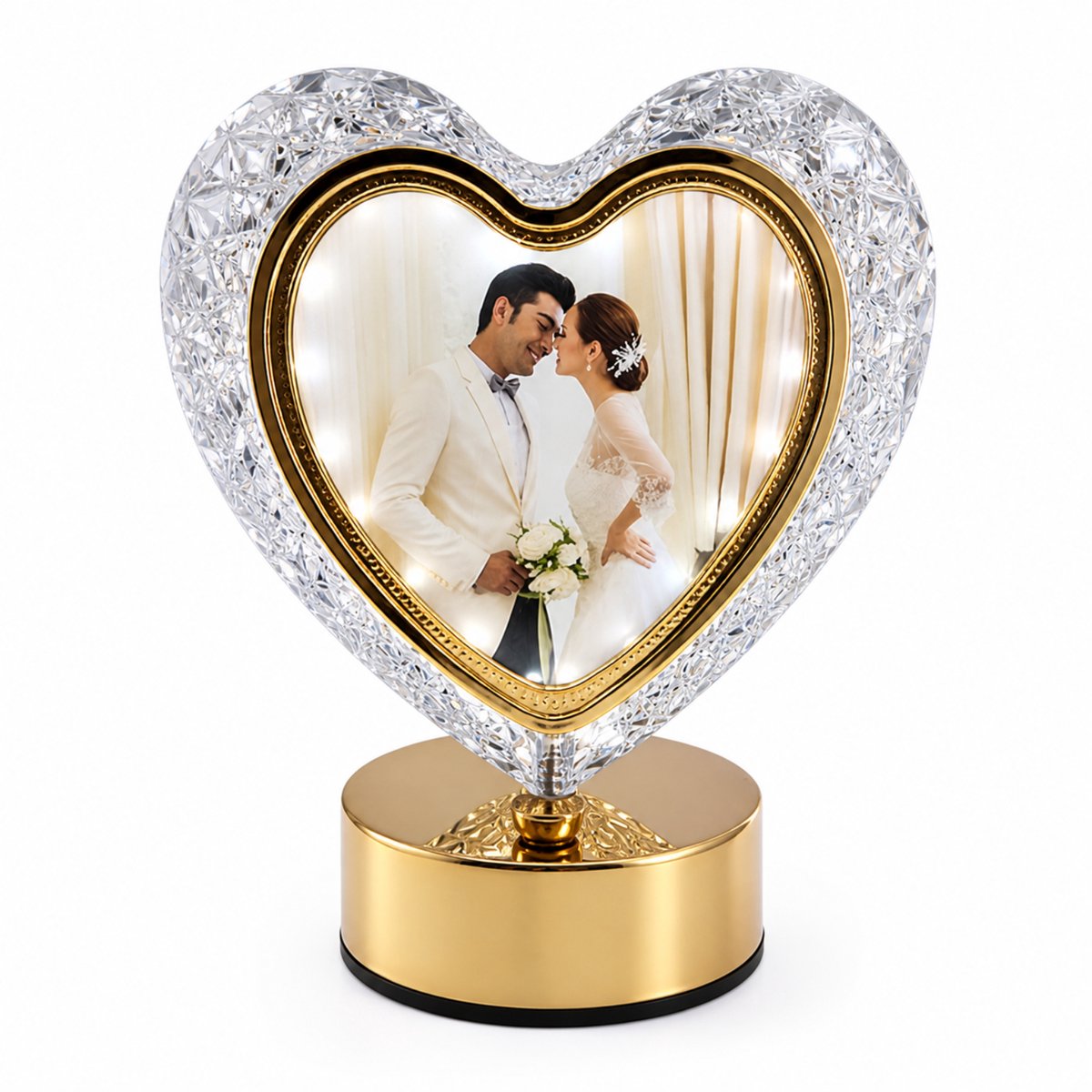 Luxaliving Staande Fotolijst met LED-Verlichting – Kristalachtig Ontwerp – Gouden Frame – 3 Lichtkleuren