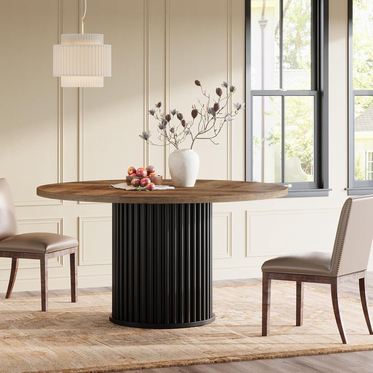 Eettafel rond 120 cm (bruin + zwart– moderne ronde keukentafel voor 4-6 personen met metalen frame – stevige eetkamertafel – Dader