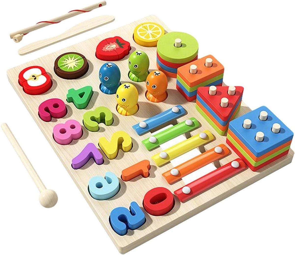Houten Vormen Puzzel - Motoriek Spel - Baby Ontwikkeling - Veelzijdige Leren - 29x22x4.8cm - Felle Kleuren