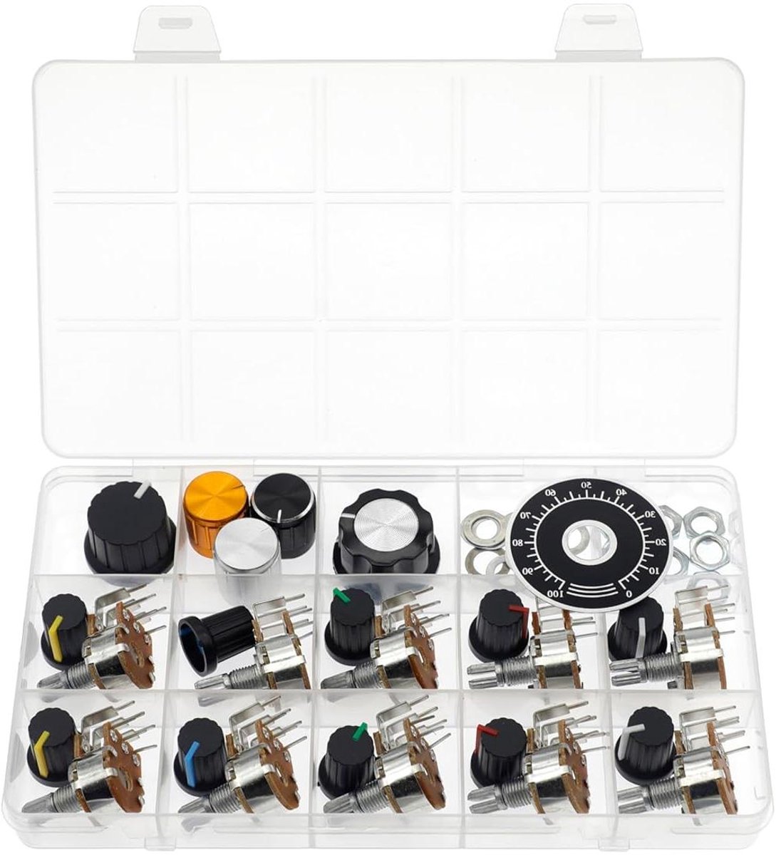 Dubbele Potentiometer - Variabele Weerstand - Elektronica Projecten - Verticale Dubbele Gang - 10 Stuks B250K - Diverse Knoppen