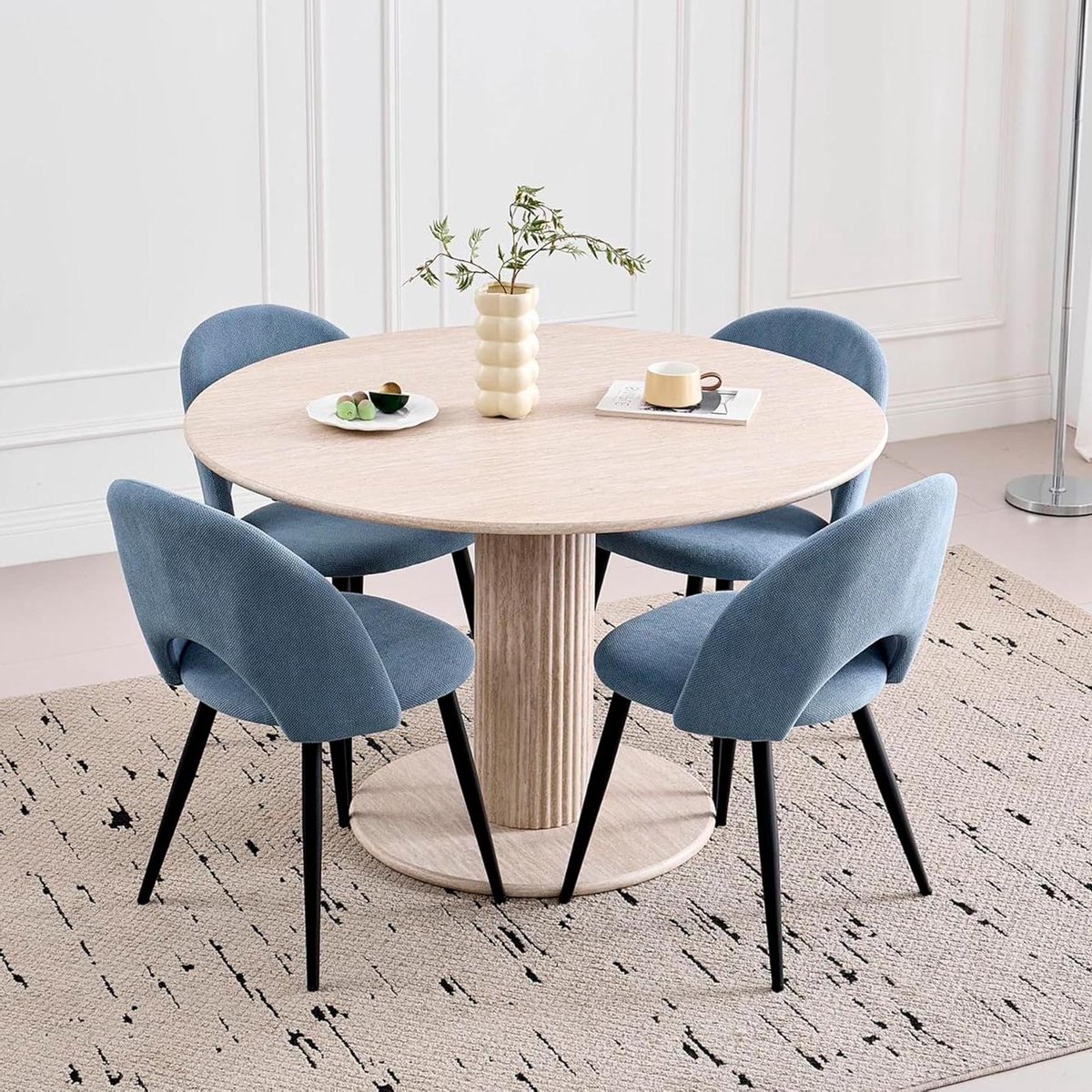 Eettafel met stoelen - Eetkamerset - Samen eten - Steenmotief blad - 115 cm rond - Blauw beige