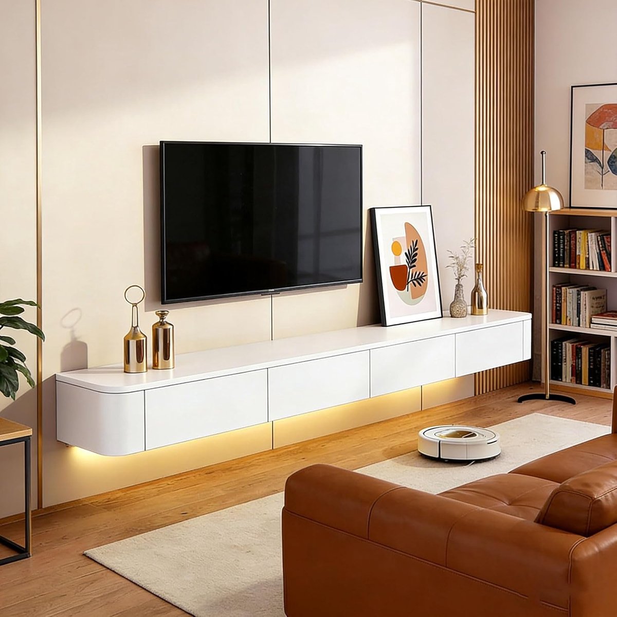 Zwevend TV Meubel 220 cm (86.6 inch) Wandgemonteerd – Modern Floating TV Kast met LED Verlichting, Massief Hout, Lades & Open Planken, Kabelmanagement – Geschikt voor 47–118 inch TV – White LED – HomebyNicole