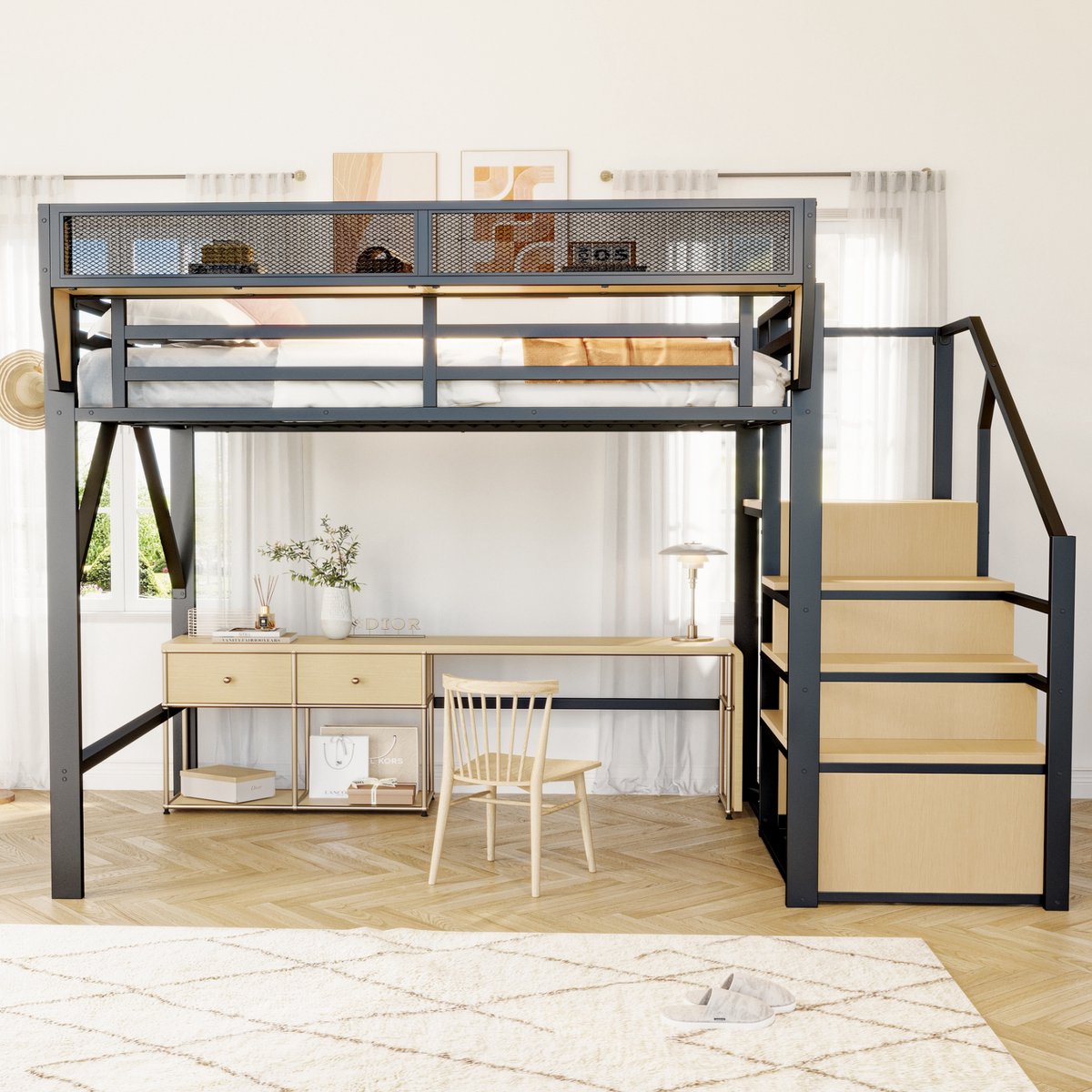 VVBV Hoogslaper 140x200 / Kinderstapelbed – Metalen Bed met Veiligheidsladder en Flexibel Opbergvak – Voor Kinderen en Volwassenen – Zwart