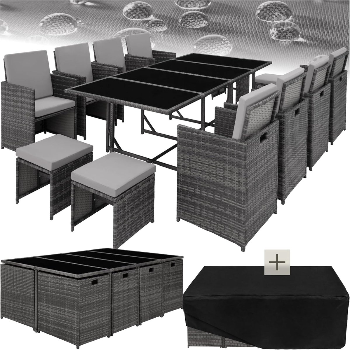 Tuinloungeset 245x335x87 cm Polyrotan – 13-Delige Luxe Lounge Set met 8 Stoelen, 4 Krukken & Glazen Tafel – Kubus Opberg Design – Weerbestendig voor Tuin, Balkon & Terras – Grijs/Lichtgrijs – HomebyNicole