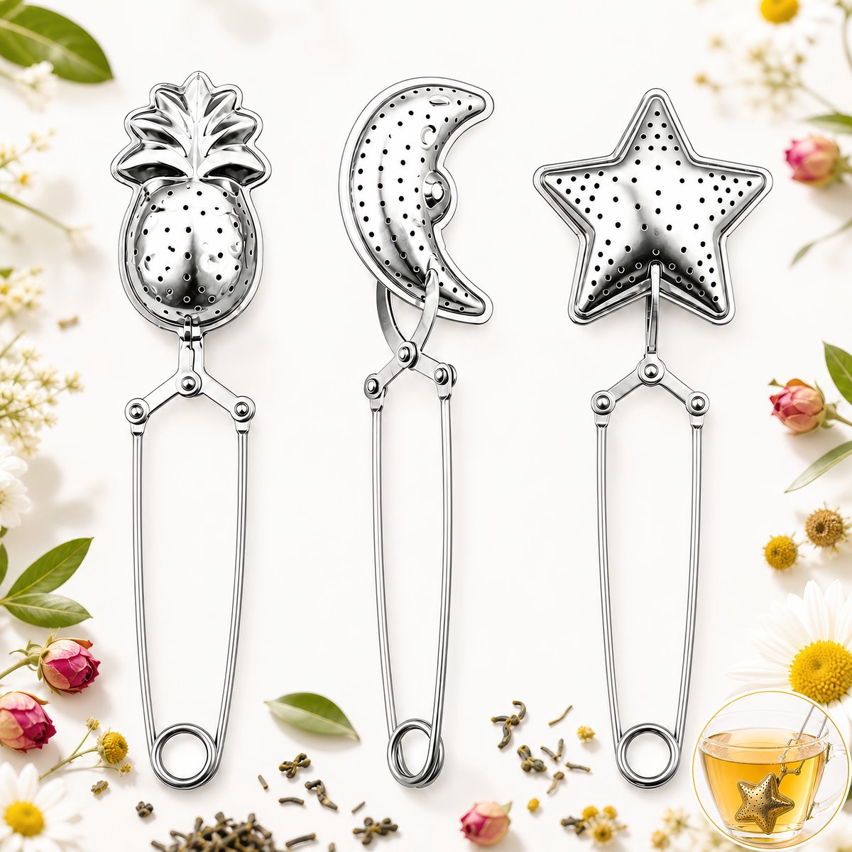Set van 3 Stuks RVS Theefilters - Theezeef voor Losse Thee en Kruiden - Tea Infuser\Strainer Giftset - Verse Thee filter\Zeef Cadeau Pakket - Kruidenbuiltje ei met Onderzetters - Geschenkset - Zilver