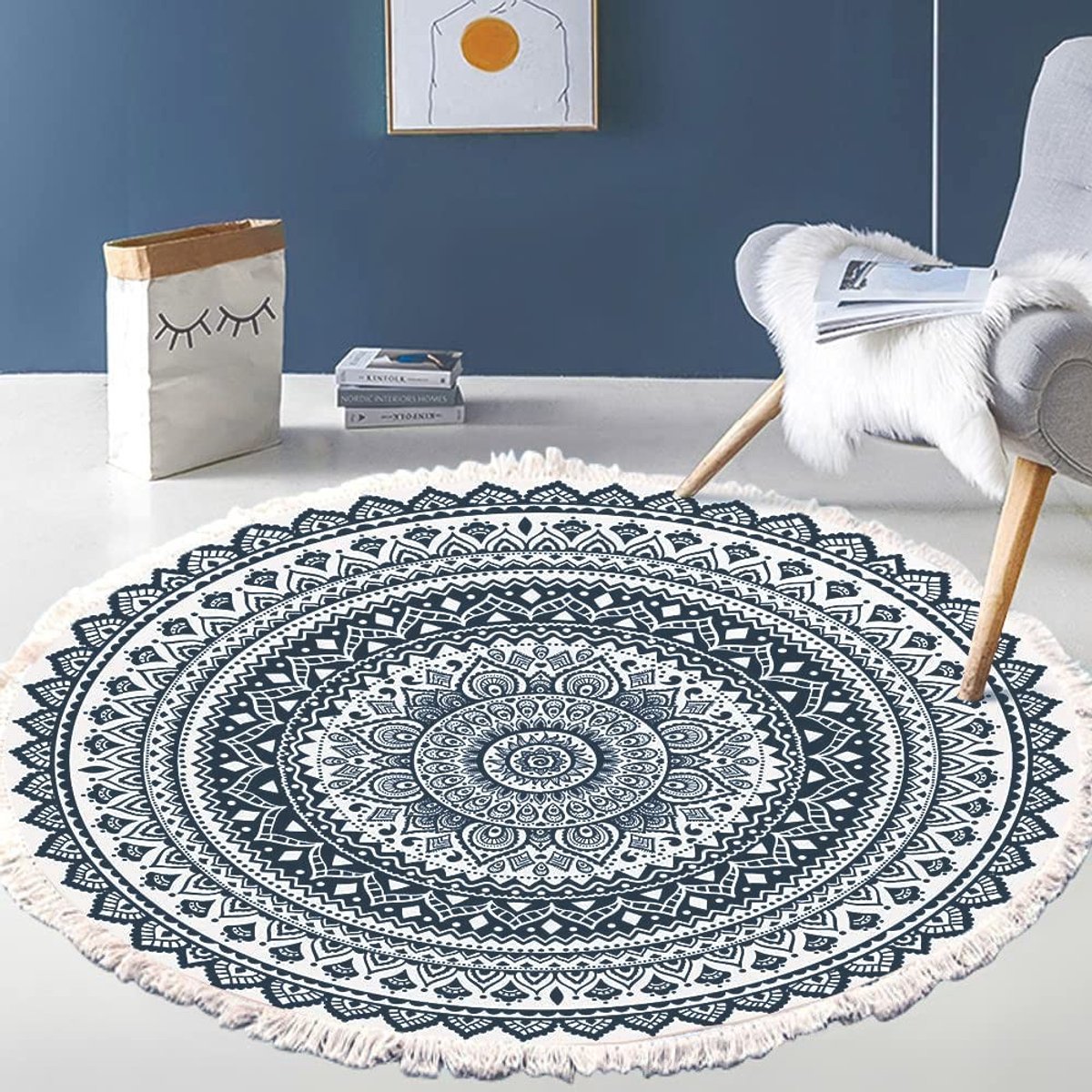 Allecto - Vintage Boho Katoenen Tapijten - Wasbaar en Handgeweven - Rond Tapijt met Kwasten - 120 cm - Mandalapatroon - Geschikt voor Woonkamer e