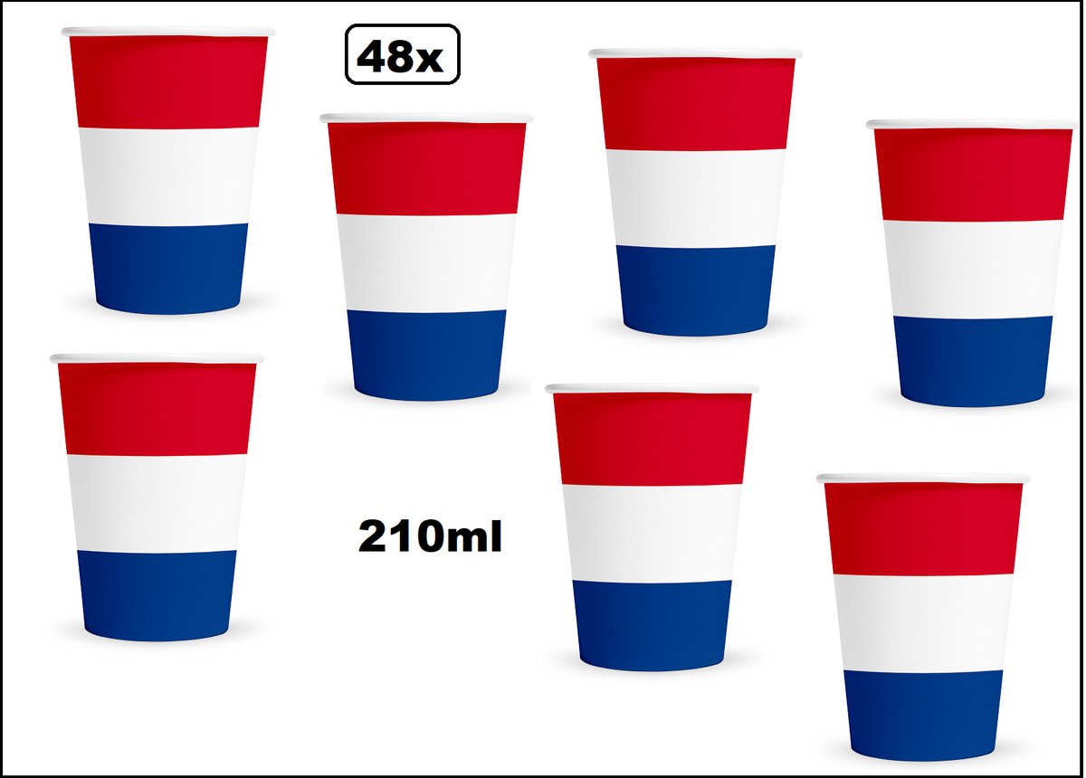 48x Beker rood/wit/blauw 210ml karton - Drinken Nederland WK 2026 BBQ thema feest verjaardag feest Holland
