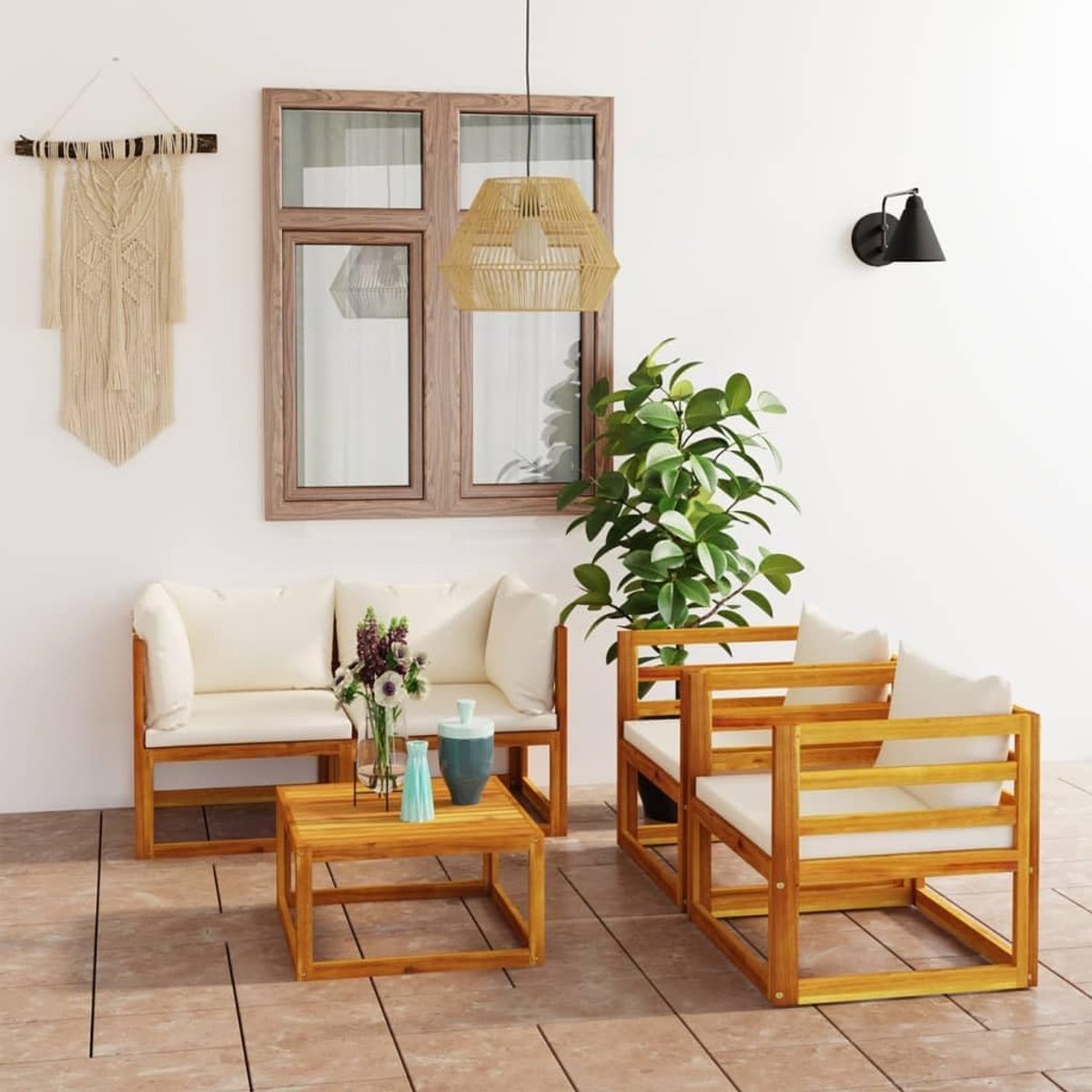 Modulaire Luxe Acacia Houten Tuin Loungeset 5-delig met Kussens en Salontafel – 2 Hoekelementen + 2 Fauteuils – Weerbestendige Outdoor Balkon- en Terrasset