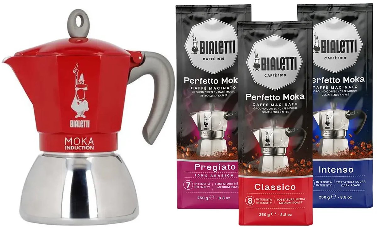 Bialetti Moka Inductie Rood - 6-kops - 150ml + Bialetti Koffie Proefpakket 3 x 250gr