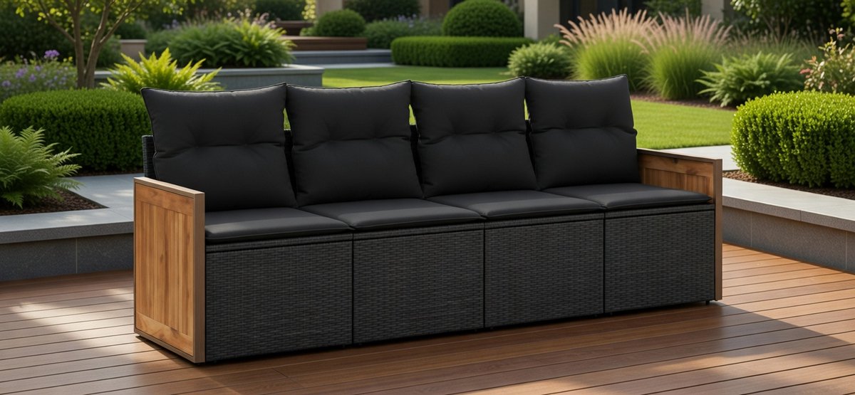 Luxe 4-Persoons Zwarte Poly Rattan Tuin Loungeset met Comfortabele Kussens – MedaHomeStore