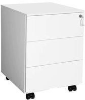 Witte metalen ladekast met 3 laden, slot en wieltjes.