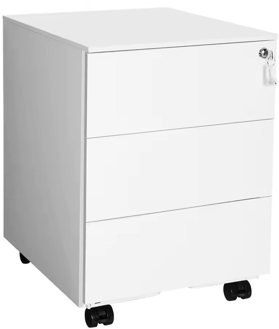 Witte metalen ladekast met 3 laden, slot en wieltjes.