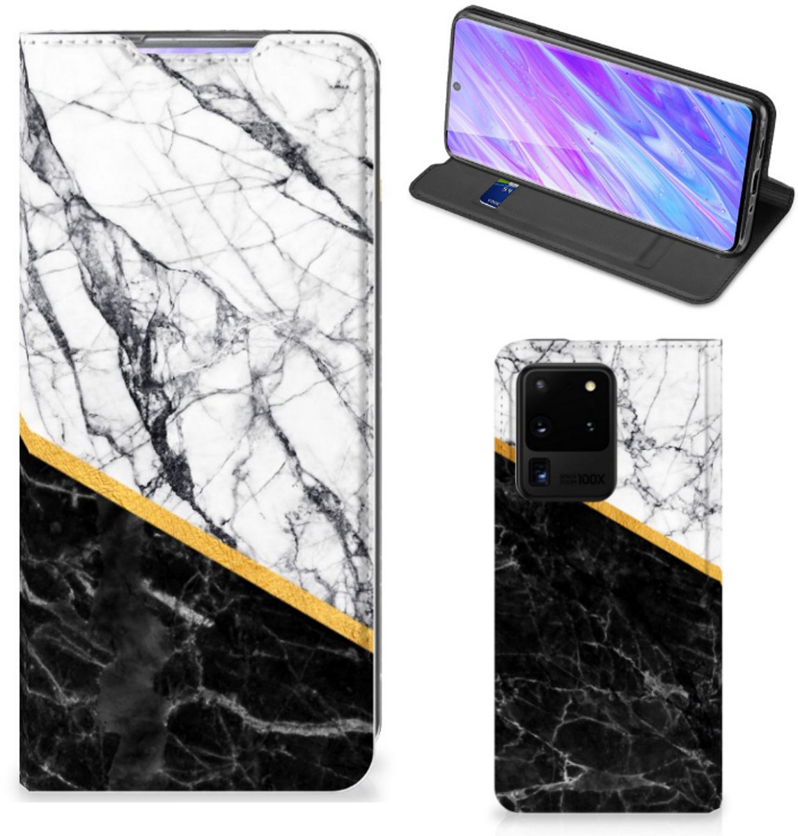 Samsung Galaxy S20 Ultra Standcase Marmer Wit Zwart - Origineel Cadeau Man