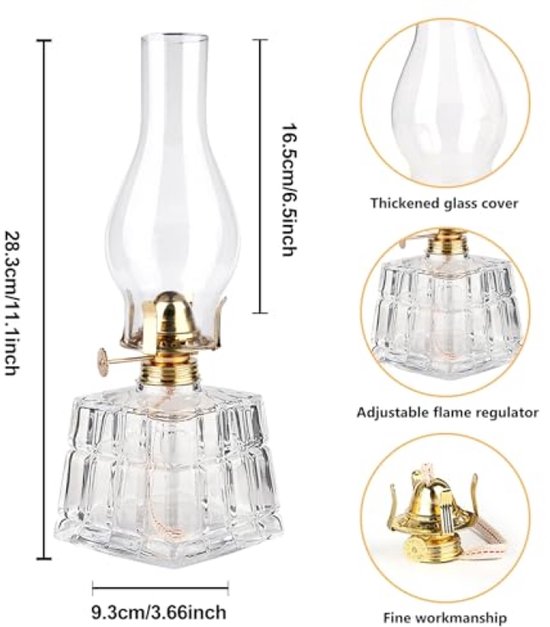 Glazen olielamp met afmetingen, verdikte glazen kap, verstelbare vlamregelaar en fijne afwerking.