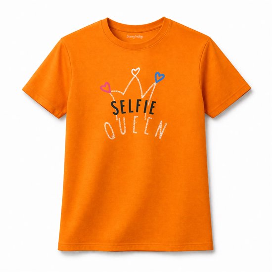 Oranje shirt Selfie Queen met glitters | Koningsdag Kleding Kinderen | Oranje | Kind 12-13 jaar | Maat 158
