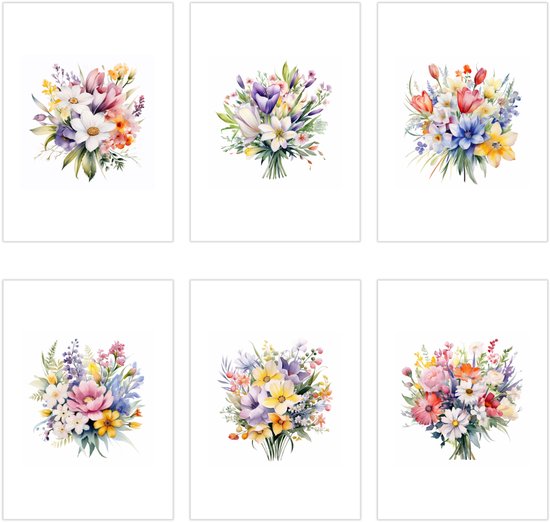 Overzicht van zes verschillende aquarel wenskaarten met diverse boeketten van kleurrijke voorjaarsbloemen.