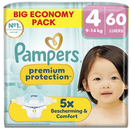 Pampers Premium Protection luiers, maat 4, 60 stuks voor 9-14 kg. Met een afbeelding van een lachend kind.