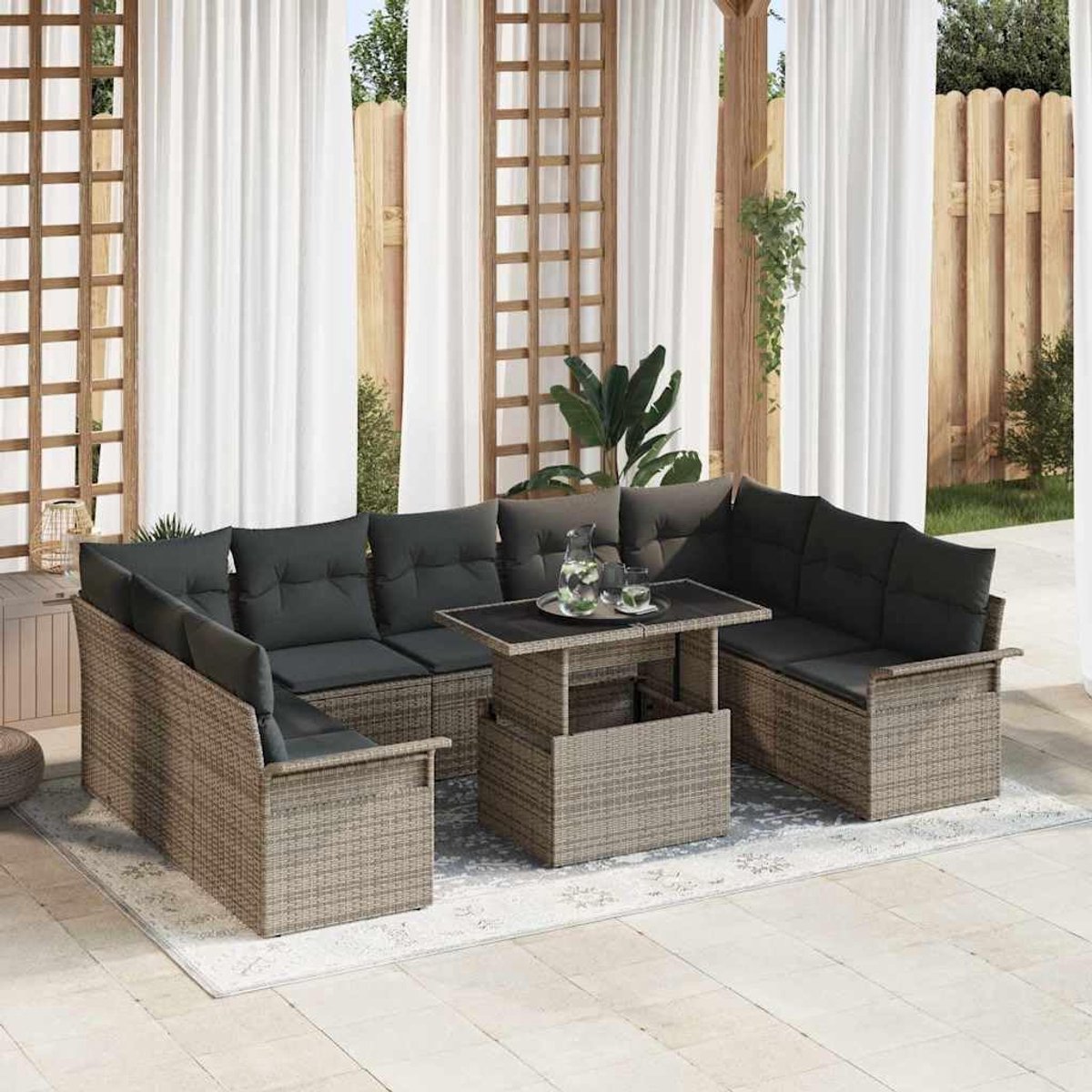 Luxe 10-persoons Modulaire Poly Rattan Outdoor Dining Set – Grote Tuin Eettafel Loungeset Weerbestendig Design voor Terras en Tuin in Grijs