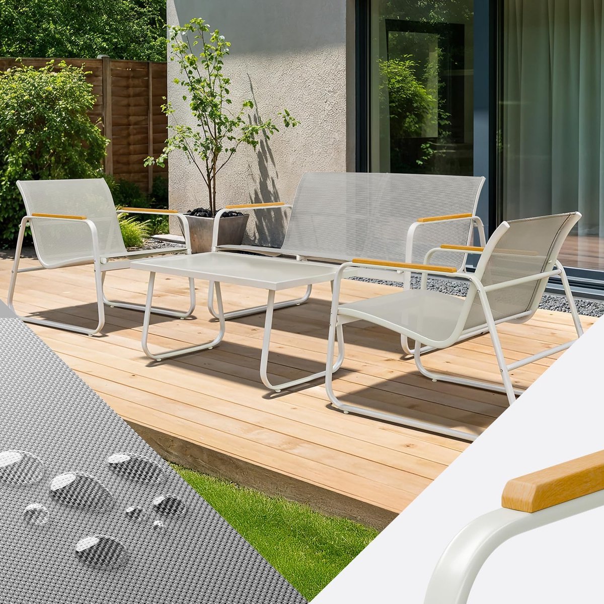 Luxe 4-persoons Tuin Loungeset met 2 Fauteuils, 1 Bank en Glazen Tafel – Weerbestendig Stalen Frame & Textilene Outdoor Balkonset – Grijs