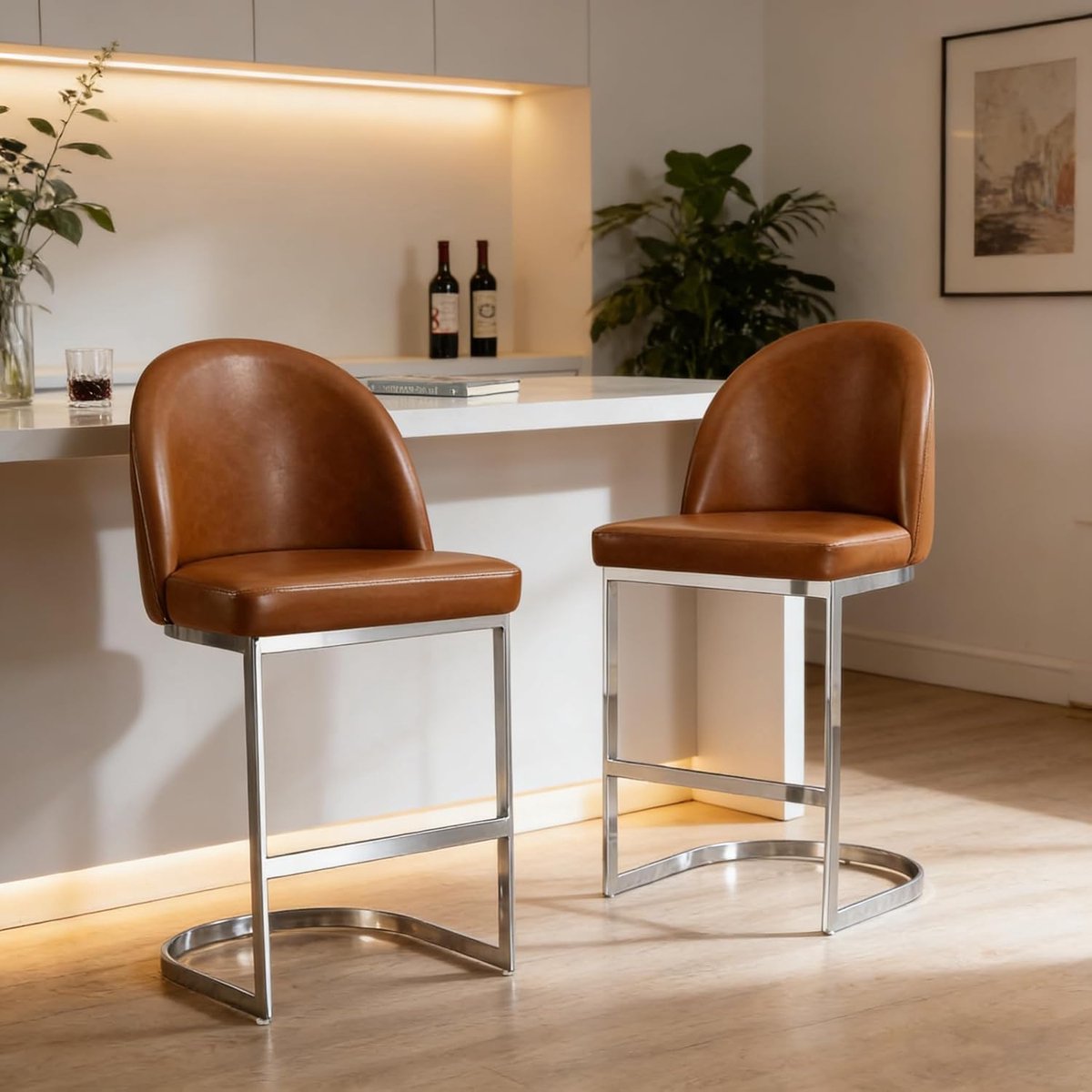 Barkruk Set van 2 53,1 x 53,1 x 98,6 cm – 65 cm Zithoogte Cantilever Barstoelen met Rugleuning en 8 cm Dikke Zitting – Moderne Keukenkrukken Kunstleer Bruin Metaal – Urbanhome