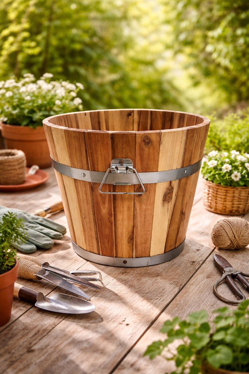 Acacia Kuip met handgrepen D25xH20 / Houten Plantenbak / Bloembak / Bloempot / Decoratie / FSC