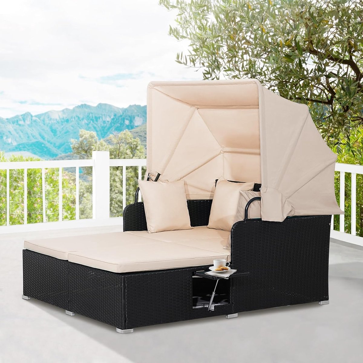 Zonne-eiland 2 persoons 165x153x138 cm met klapdak en zijtafels – Polyrotan ligbed met kussens, weerbestendig – Luxe tuin ligstoelkaki – Urbanhome