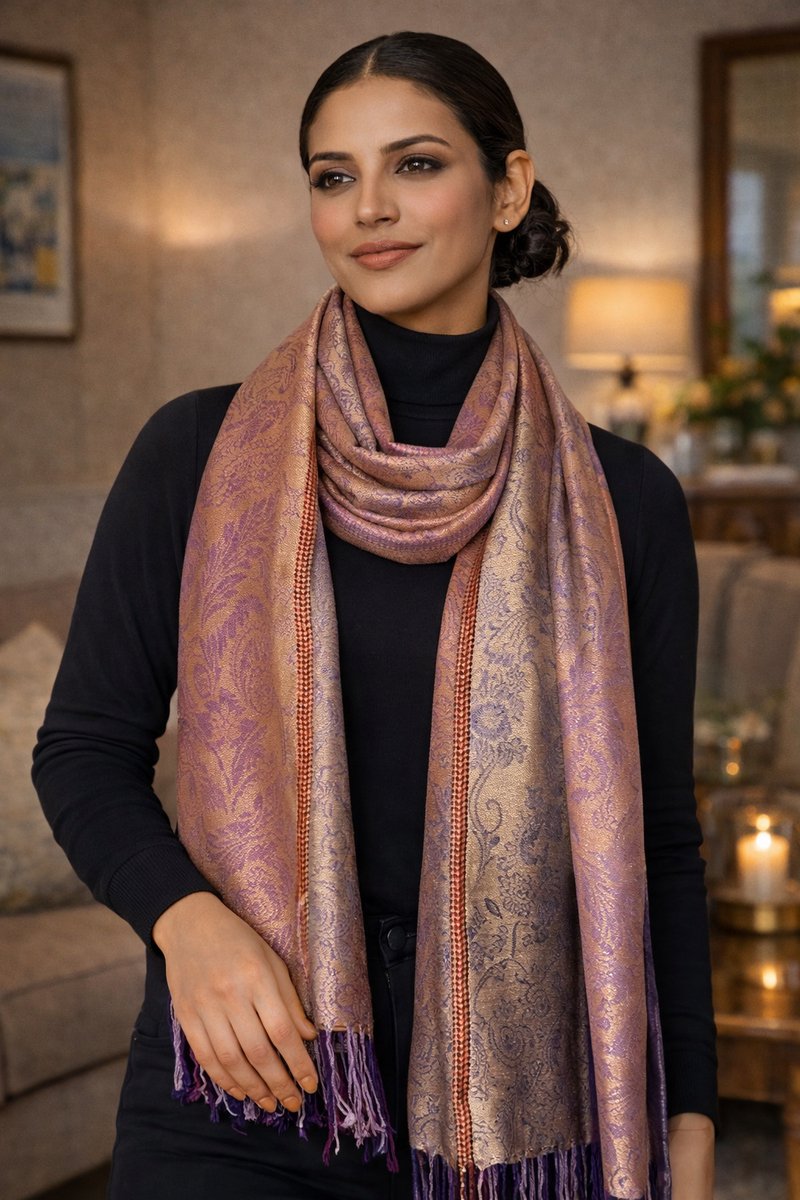 Pashmina Sjaal – Stijlvolle Sjaal Dames Zachte – Dames Sjaal met Paisley Motief – Twee‑Kleurige Elegante Herfst Winter Sjaal- Fashion Sjawl – Fijn geweven Pareo Omslagdoek 207/5- Beige, Paars met Lichtroze details