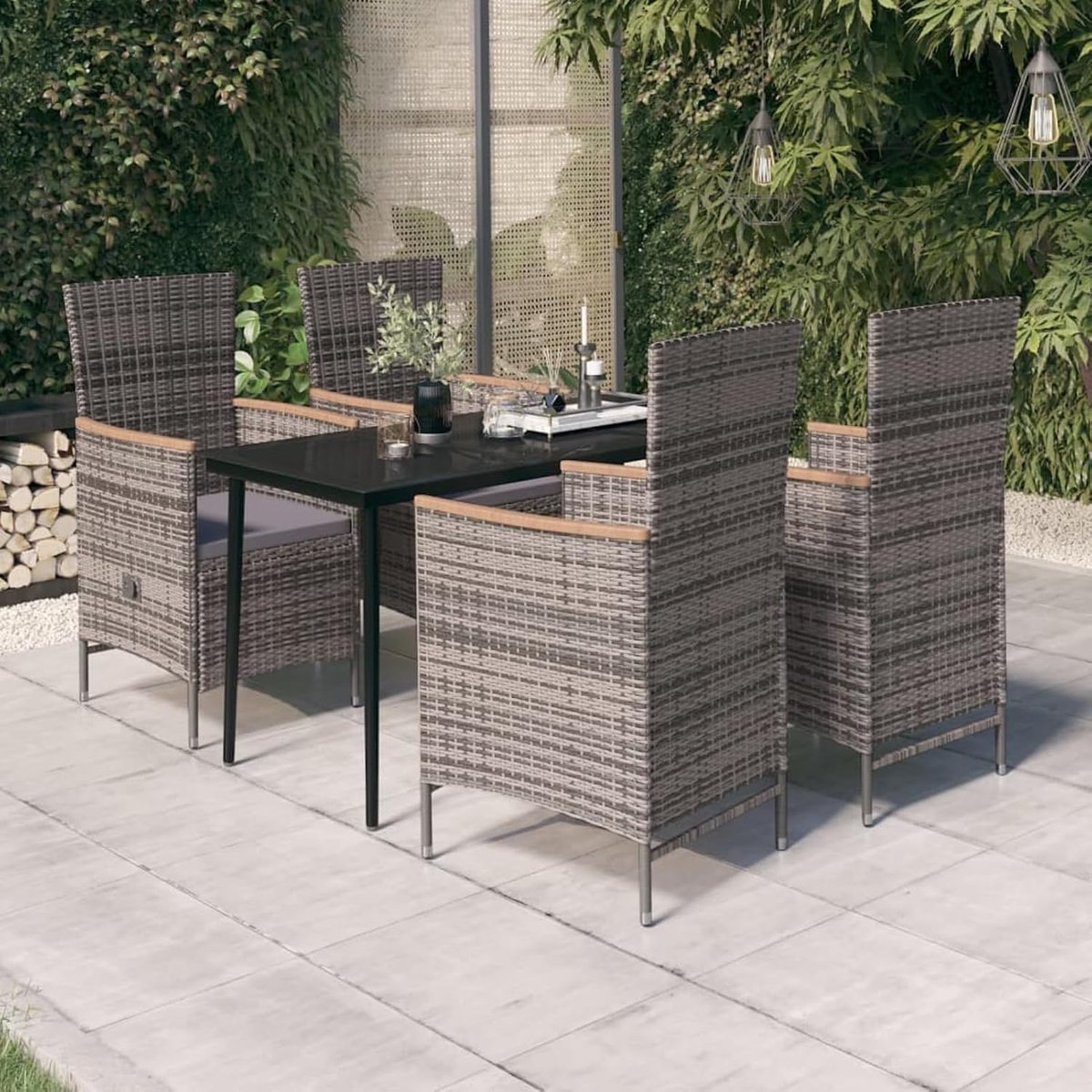 Luxueuze 5-delige Poly Rattan Tuinset met Verstelbare Stoelen, Glazen Tafel 140x70x74 cm, Weerbestendige Tuin Eetset met Kussens voor Terras en Tuin