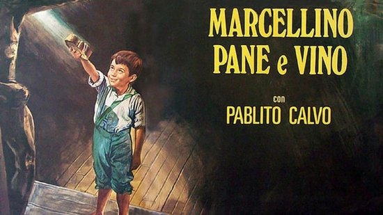 Jongen met broodje omhoog in de lucht, naast de tekst 'Marcelino Pane e Vino'.