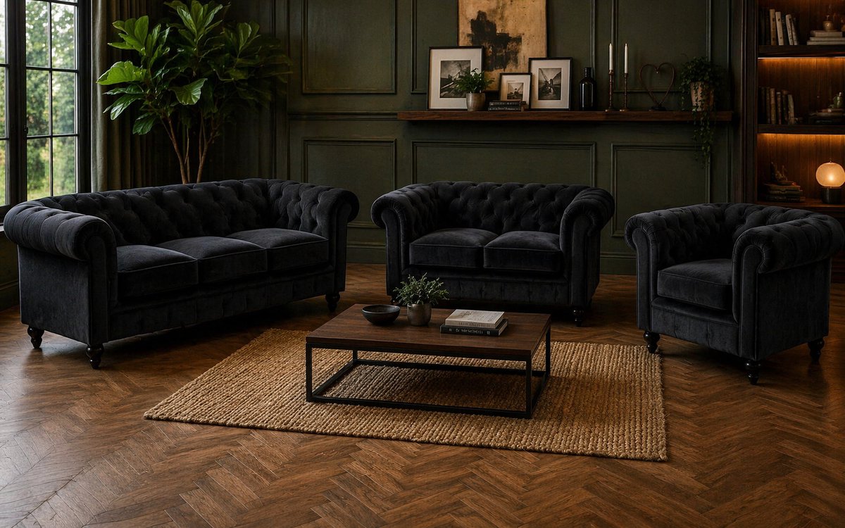Chesterfield Banken 1-2-3 Zits - Velvet Zwart - Set - Bank - Sofa - Leer