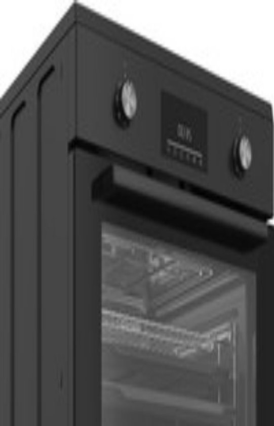 Zwarte oven met glazen deur, displayscherm en twee draaiknoppen.