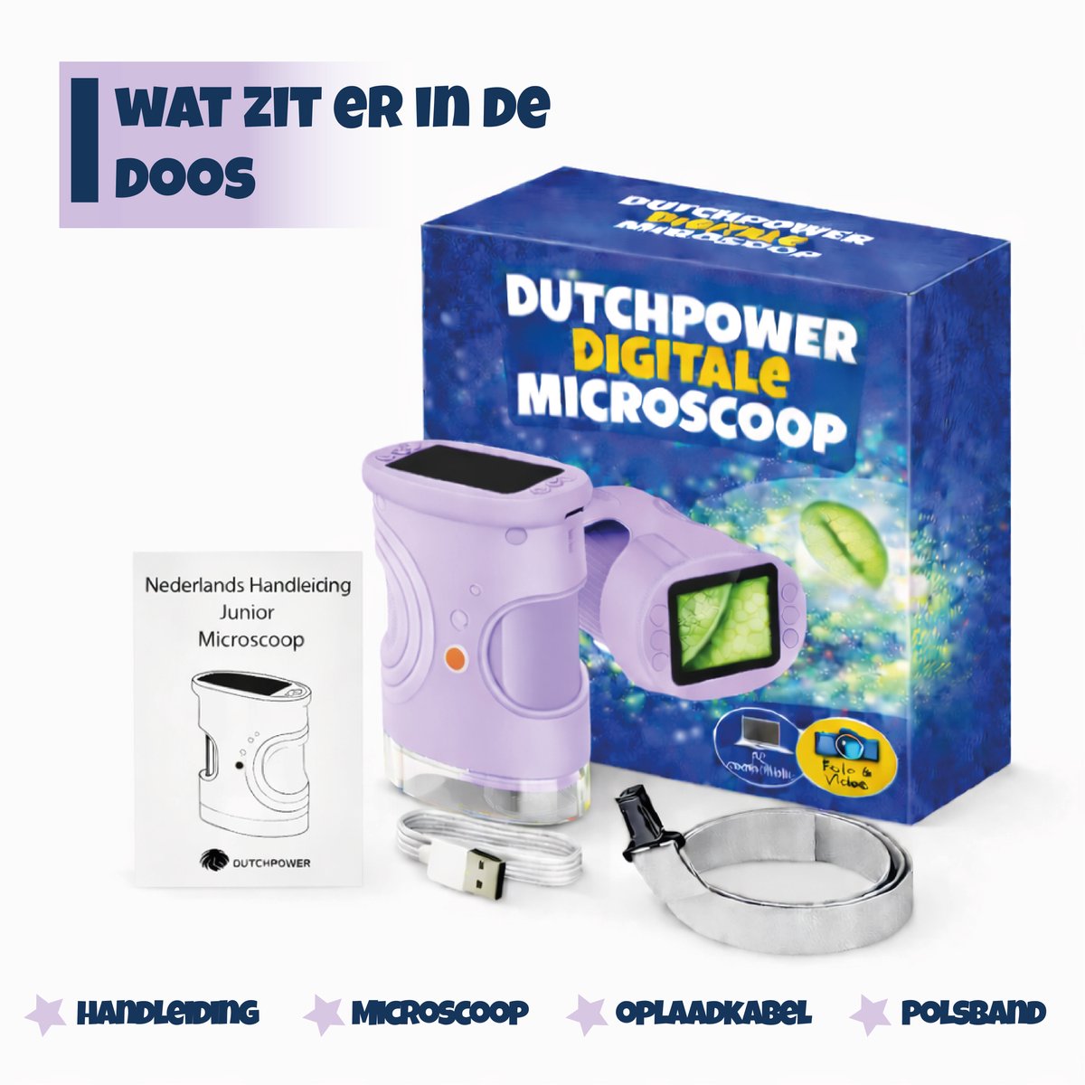 DUTCHPOWER Digitale Microscoop 1000x-4K-voor Kinderen – Draagbare Handmicroscoop met Foto & Video – STEM Educatief Speelgoed voor Ontdekken in Tuin en Natuur – Geschikt voor 4 t/m 12 jaar-paars — afbeelding 5