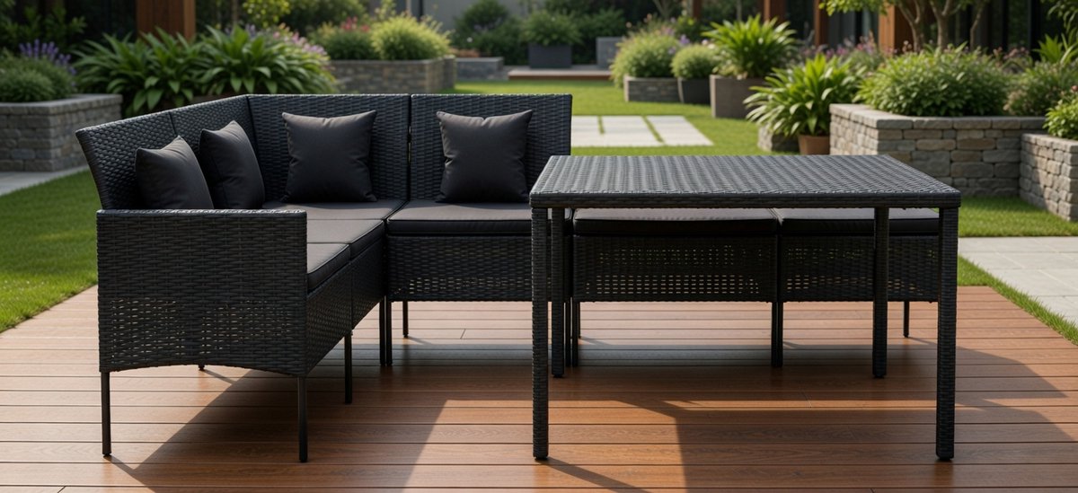 Luxe Hoeklounge Tuinset met Eettafel – 2-Delige Polyrotan Loungeset met L-Vorm Hoekbank en Kussens – Weerbestendige Tuinmeubelen voor Balkon, Terras en Tuin – Modern Design Antraciet Medahomestore