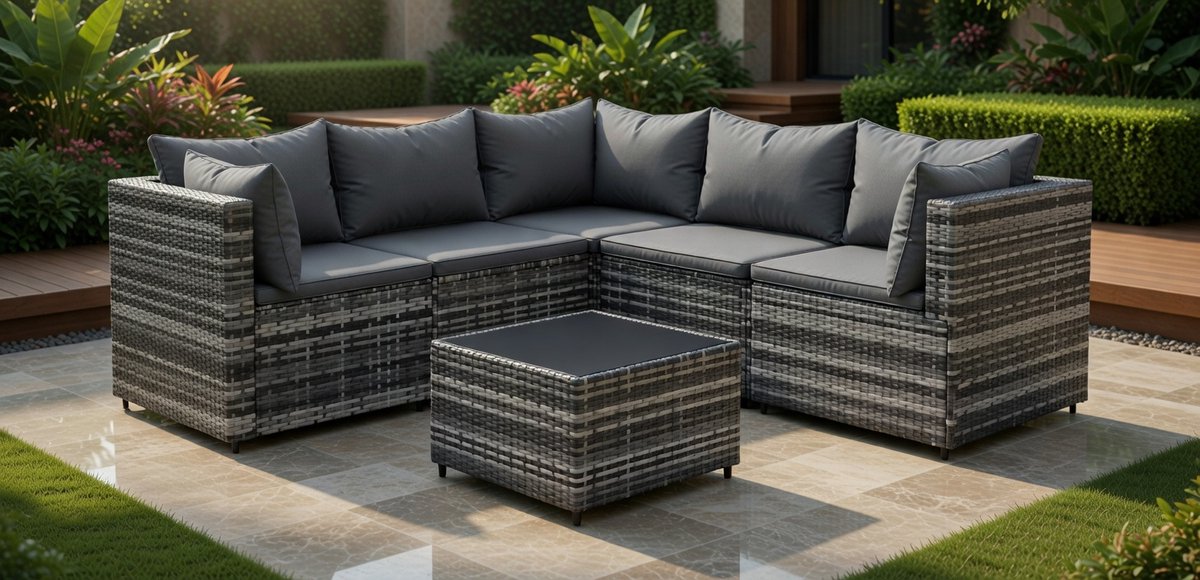 Luxe 4-delige Polyrotan Balkon & Tuin Loungeset – Modulair Tuinmeubel met Weerbestendige Grijze Kussens – Balkonbank, Hoekbank & Tafel – Perfect voor Terras, Tuin en Buitenruimte MedahomeStore