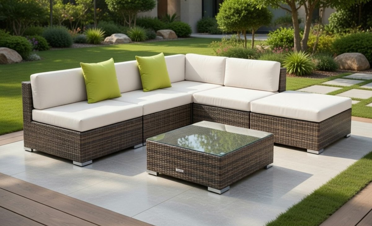Luxe Modulaire Wicker Loungeset voor Tuin en Balkon – Complete Buitenmeubelset met Tafel en Glasplaat – Comfortabele Dikke Zit- en Rugkussens – Weerbestendig, Onderhoudsvriendelijk en Modern Design Medahomestore