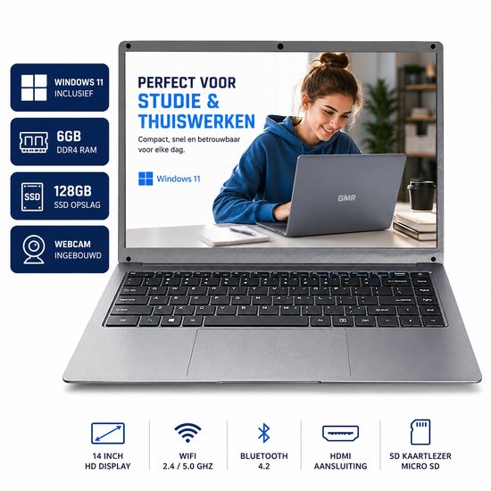Laptop 14 Inch Ultra Slim - Windows 11 - 6GB RAM - 128GB SSD - GMR Notebook voor Studie, School, Office, Internet, E-mail en Thuiswerken - Studenten Laptop - Compacte Werk Laptop - GMR - Hoofdafbeelding